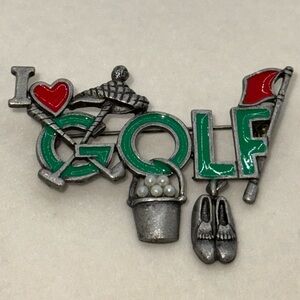 AJC I Love Golf Pin Brooch w Dangling Shoe Charm Green Red Enamel